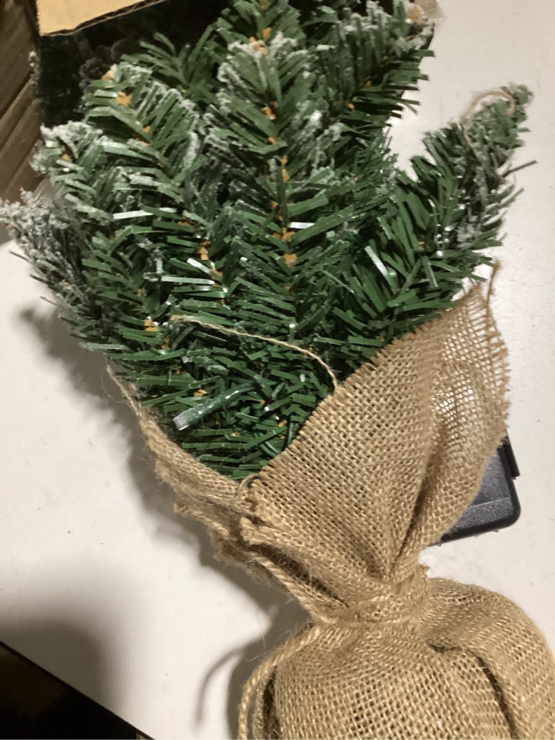 Condition photo showing As Is for 2 ft Mini Christmas Trees with 25 F5 LED Lights, 24" Decorated Burlap Artificial Tabletop Christmas Trees Home Party Decoration for Kitchen Dining Room Window Green White