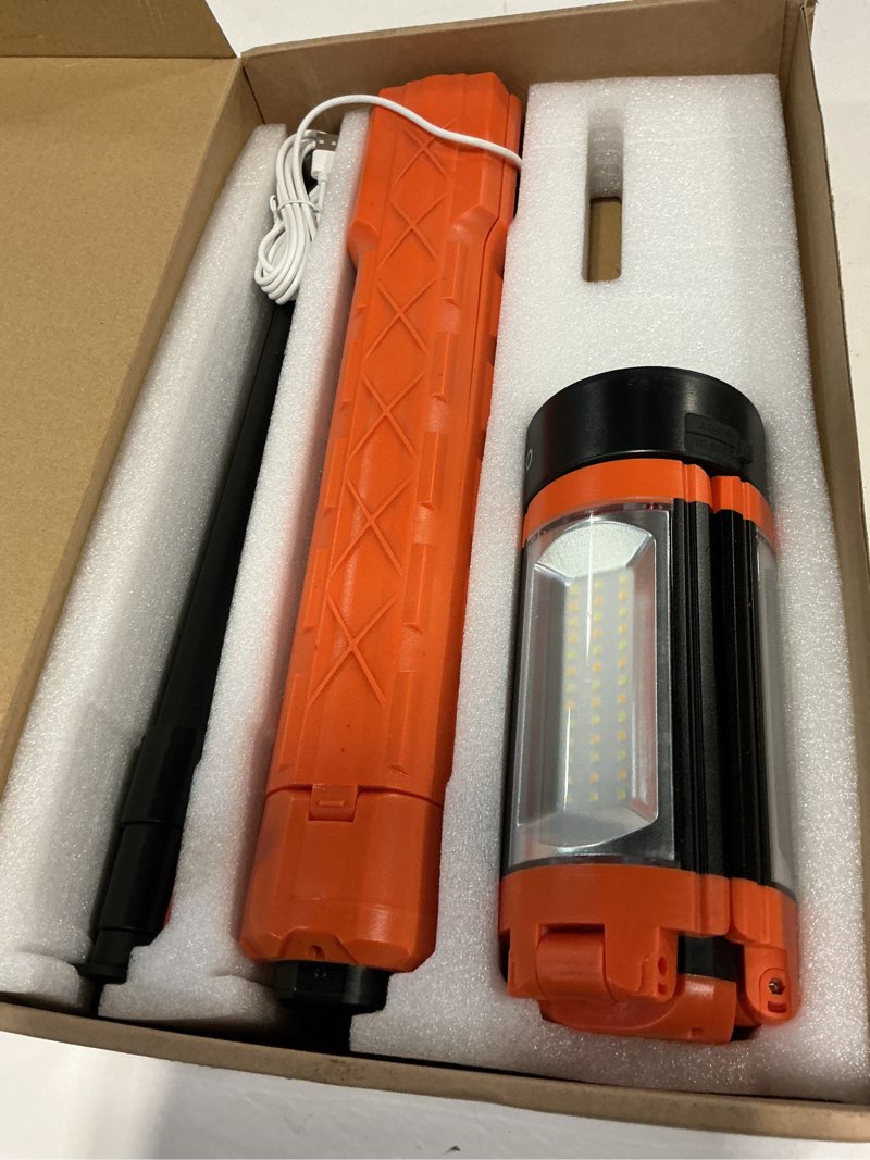 Condition photo showing New/Like New for ogery rechargeable 10000mah camping light with stand 6.5 ft max height, cordless work light with 3 led lamp heads, 2200 lumens camping essentials gear emergency flashlight with detachable tripod orange