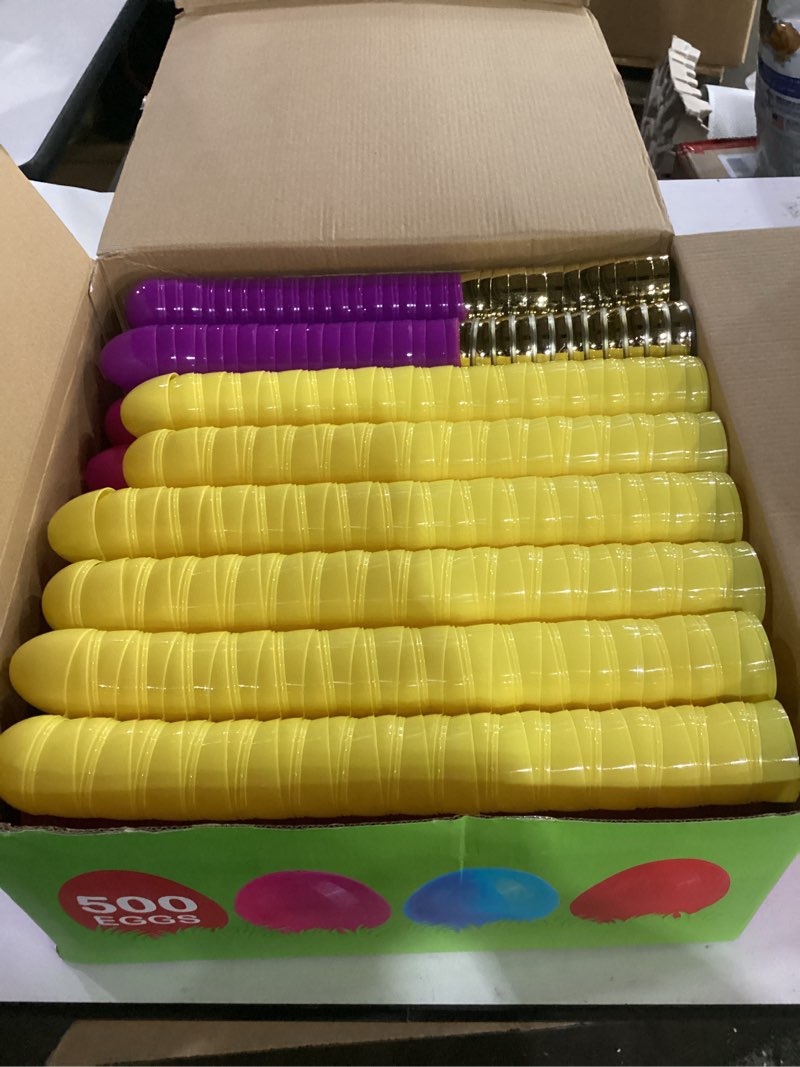 Condition photo showing As Is for [12 surprise golden eggs] 500 pack 2.3 inch plastic easter eggs, empty easter eggs fillable, bright colors plastic eggs bulks for easter hunt, easter party favor, basket stuffers fillers