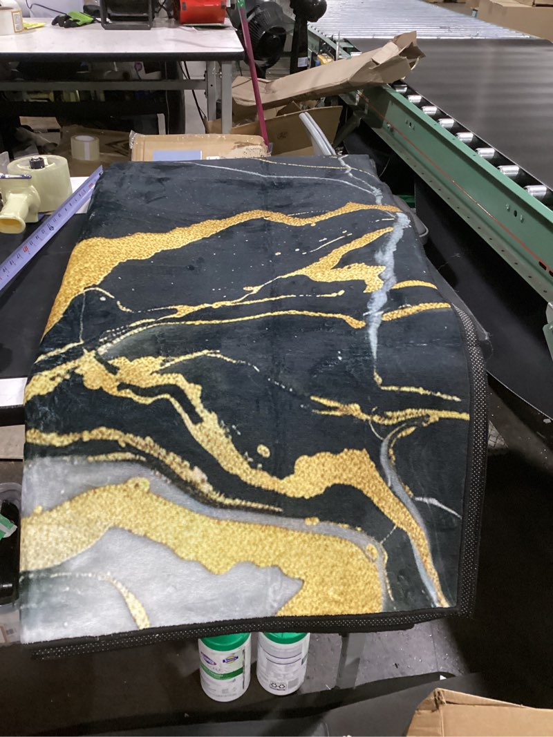 Condition photo showing As Is for modern abstract rug with black and white gold marble texture for living room, bedroom, dining room, luxury aesthetic rug under guest room, coffee table, art deco