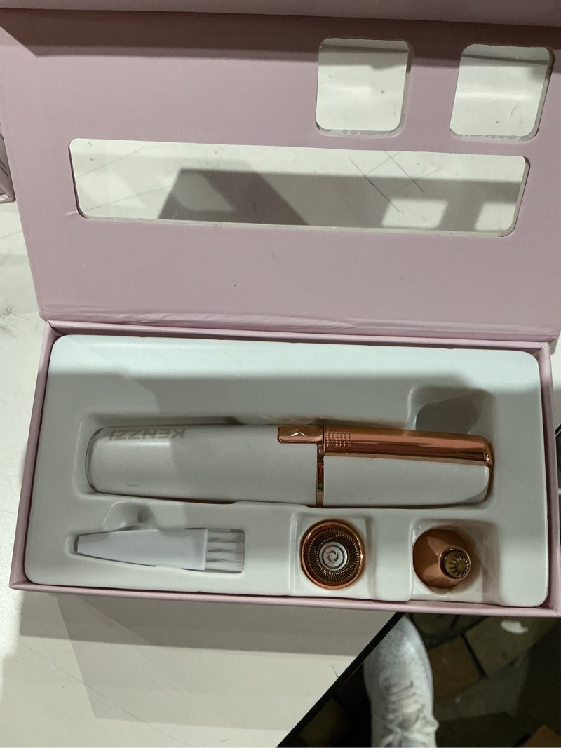 Condition photo showing As Is for kenzzi 2-in-1 rechargeable women’s face electric shaver and facial hair remover with eyebrow trimmer, white and rose gold