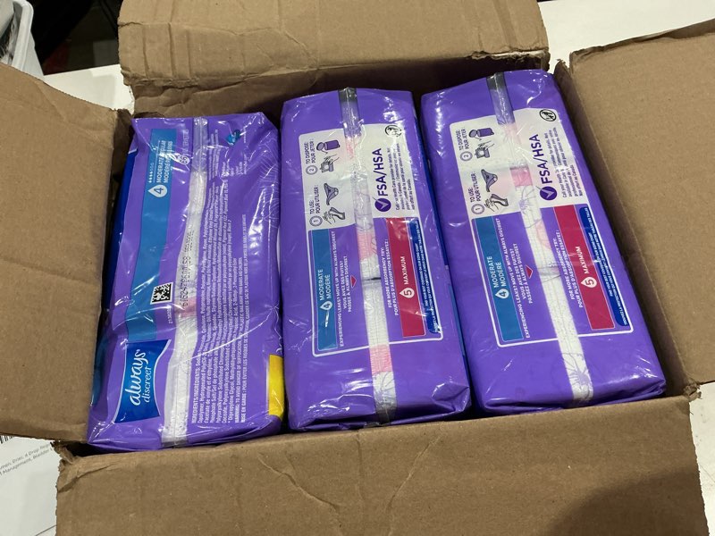 Condition photo showing New/Like New for always discreet adult incontinence pads for women, drier, 4 drop regular length, moderate absorbency, pads for bladder control management, bladder leaks, & postpartum pads, 198ct regular 198