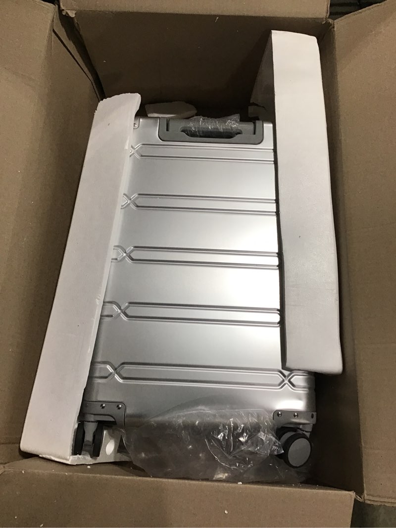 Condition photo showing As Is for All Aluminum 24 Inch Check In Luggage Hard Shell Suitcases with Spinner Wheels and TSA Lock, Checked Medium Suitcase (Silvery) Sliver 24inch