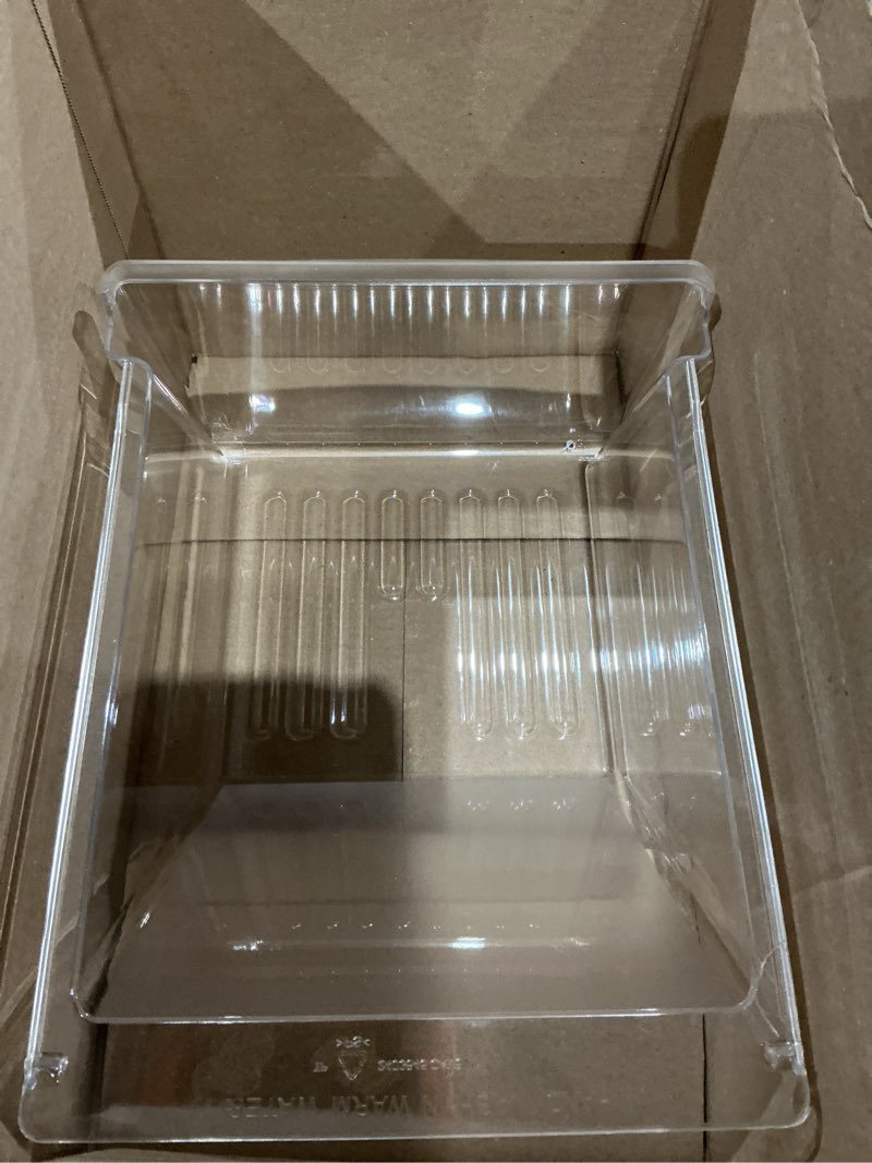 Condition photo showing As Is for smart choice crisper drawer bin 240364503 – replacement for 240364502, 240364505, 240364507, 240364508 – compatible with frigidaire refrigerators only – check model number & dimensions before purchase