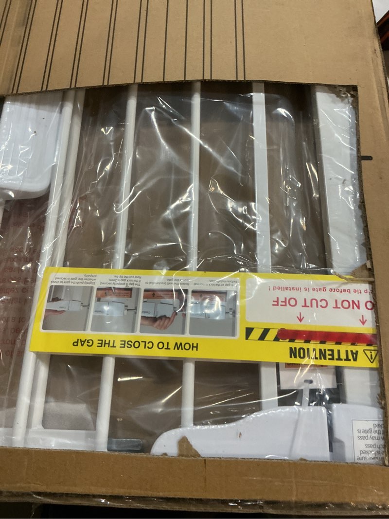 Condition photo showing Good Condition for Cumbor 29.7-46" Baby Gate for Stairs, Toddler Safety Essentials for The House, Auto Close Dog Gate for Doorways, Mom's Choice Awards Winner-Easy Install Pressure Mounted Pet Gates for Dogs, White White 29.7"-46"W x 30.5"H