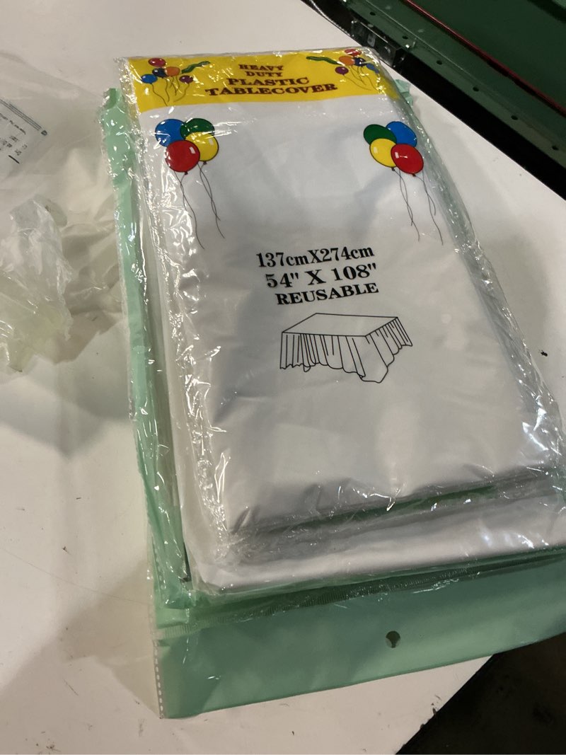 Condition photo showing Good Condition for 6 pack plastic table skirts and table cloths, white, rectangle