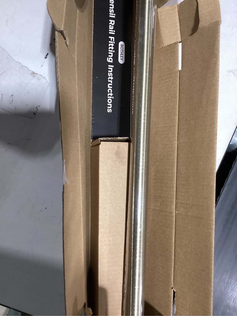 Condition photo showing As Is for ROTHLEY Stainless Steel Hanging Pot Rack Hanger: 23.7 Inch Pot and Pan Hanger Wall Mounted Hanging Pot Bar Rack Heavy Duty Pot Hangers Kitchen Rail with 8 S Hooks (Antique Brass) 23.7 inch Antique Brass