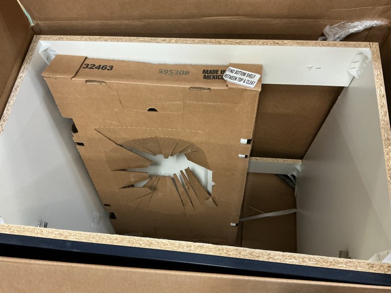 Condition photo showing As Is for project source 30-in deep blue single sink bathroom vanity with white cultured marble top