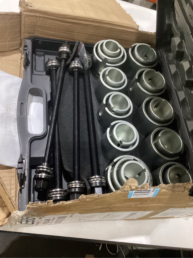 Condition photo showing Good Condition for orion motor tech bushing press kit, 27pc pull and press sleeve kit for lcv hgv engine cars vehicles with 22 press sleeves, seal bearing bushing removal tool kit with 5 pulling spindles with nuts case black