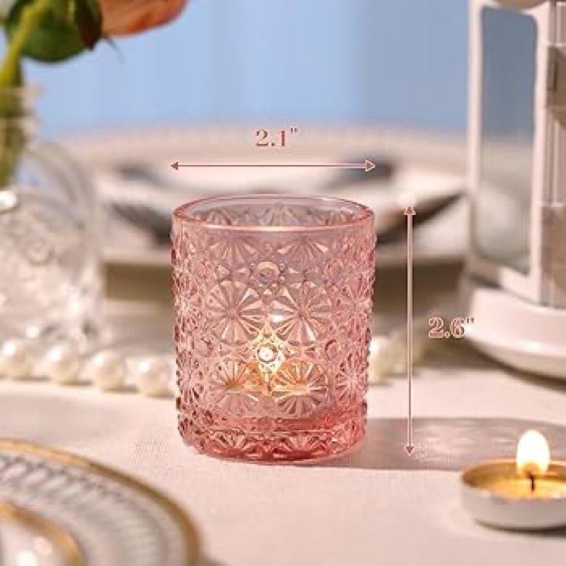 Pink Votive Candle Holder Set of 12, Flower Tea Lights Candles Holders for Wedding Table Centerpiece