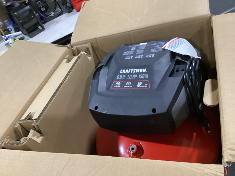 Condition photo showing As Is for craftsman 6-gallon portable electric 150 psi pancake air compressor 