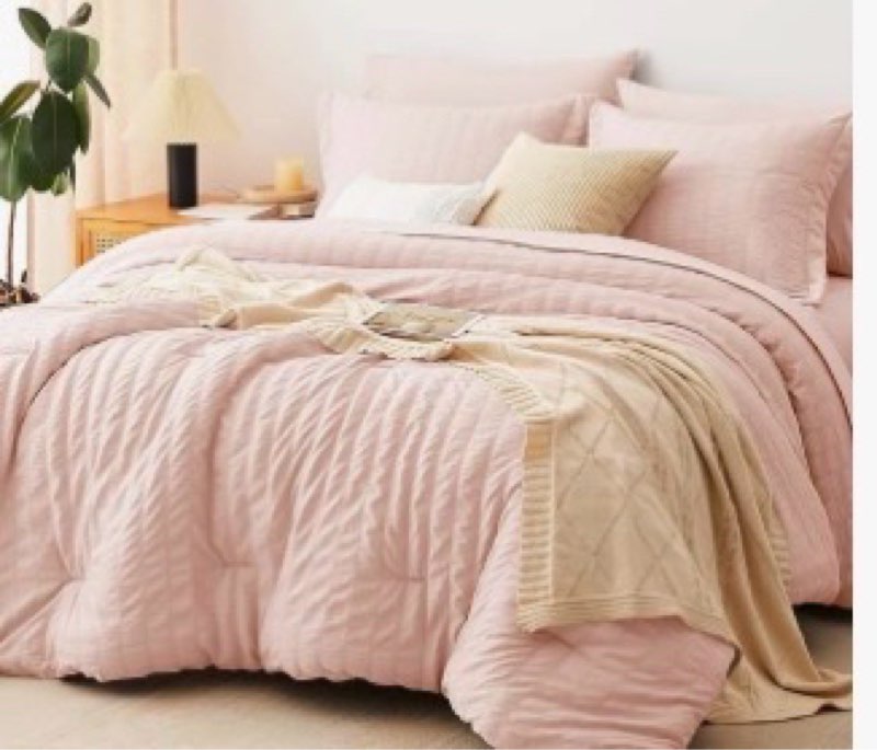 queen comforter set blush pink, 7 pieces seersucker 