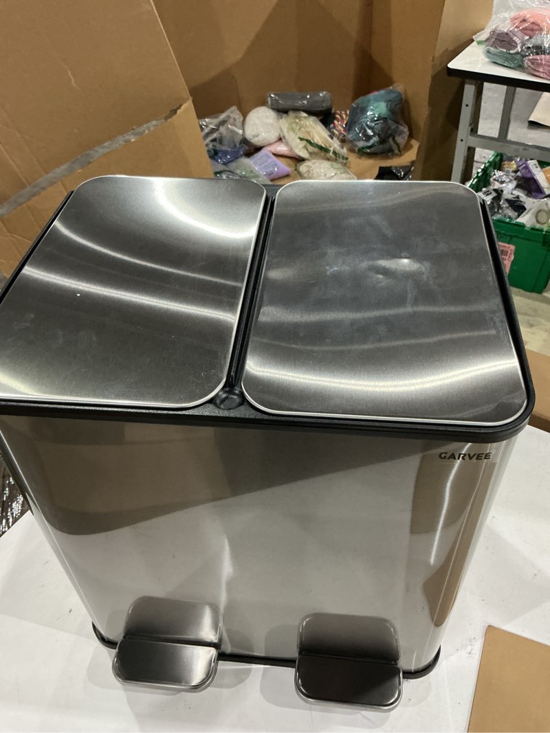 Condition photo showing As Is for garveehome 2 x 4 gal stainless steel double trash can with lid for kitchen, large dual trash and recycle bin combo, step-on kitchen metal garbage cans, pp inner buckets, liner rim, silver silver 2 x 4 gallon