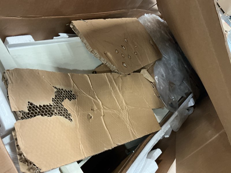 Condition photo showing As Is for VASAGLE LIRY Collection - Buffet Cabinet, Coffee Bar Cabinet with 2 Drawers, Adjustable Shelves, Sideboard Storage with Cable Holes, Drawer Dividers, Rustic White and Honey Brown UBBK381W01