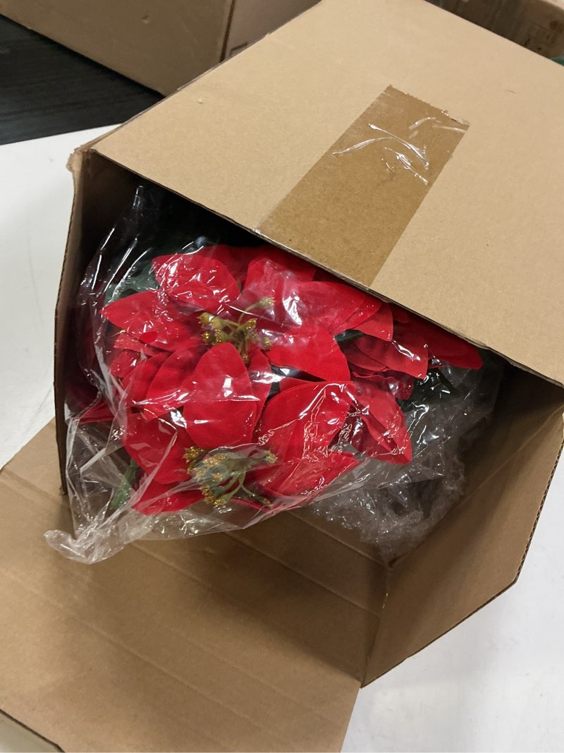 Condition photo showing Good Condition for Maysing 4 Sets 15.7" Christmas Poinsettia Artificial Flowers Potted with Gold Pot Bags 12 Heads Red 