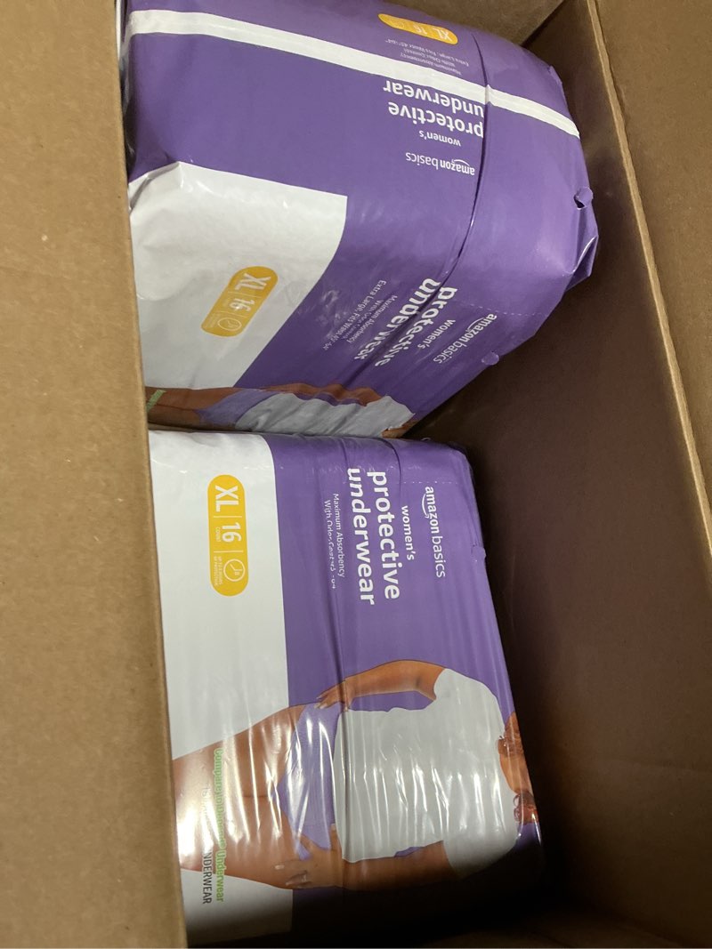Condition photo showing Good Condition for amazon basics incontinence underwear for women, protective, disposable, postpartum, maximum absorbency, x-large, lavender, 32 count (2packs of 16)