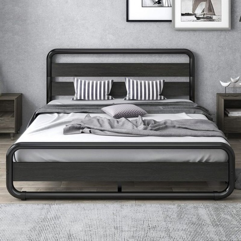 Full Size Heavy Duty Metal Bed Frame with Wooden Headboard & Footboard, Black