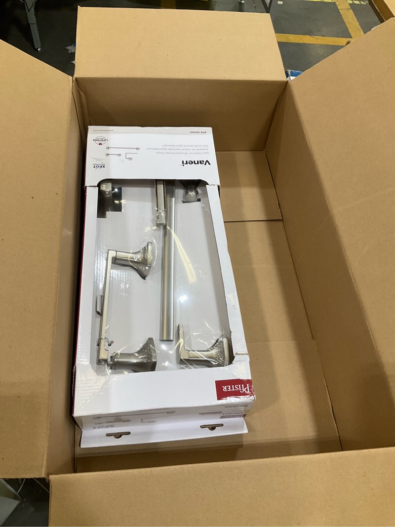 Condition photo showing Good Condition for pfister vaneri 3-piece bathroom hardware set with towel bar, towel ring, and toilet paper holder, wall-mounted, spot defense brushed nickel finish, btbvri3gs
