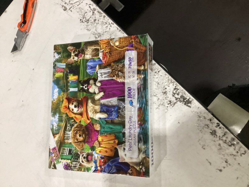 Condition photo showing New/Like New for laundry day 1000 piece puzzle for adults - colorful backyard scene with dogs & cats pet house garden jigsaw puzzles, unique & fun adult games for game night gift & family activities colorful colorful backyard scene
