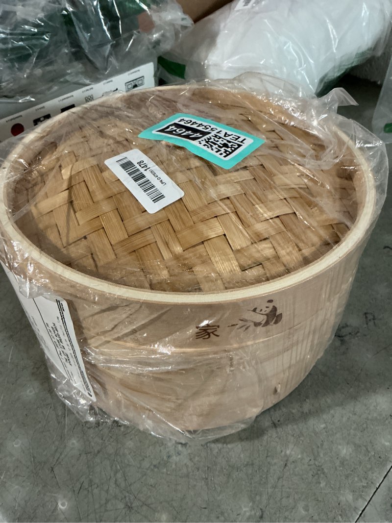 Condition photo showing Good Condition for prime home direct bamboo steamer basket 10-inch | 2-tier steamer for cooking | 50 liners, chopsticks, sauce dish | steaming asian food, bao buns, chinese, dim sum, dumpling, rice, vegetable steam pot 10-inch bamboo steamer