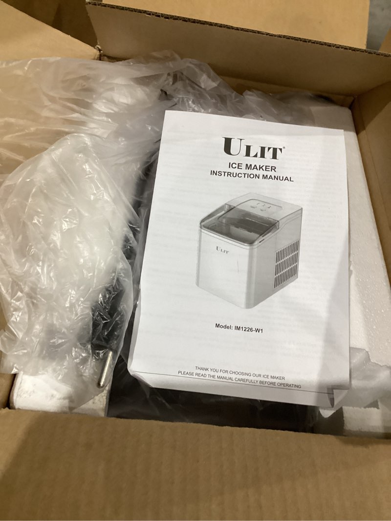 Condition photo showing As Is for White))))))ULIT Portable Ice Maker,Ice Maker Machine for Countertop, Self-Cleaning Function Ice Cube Maker,Make 26 lbs Ice in 24 hrs, Cubes     Ready in 8 Minutes,with Ice Scoop and Baske