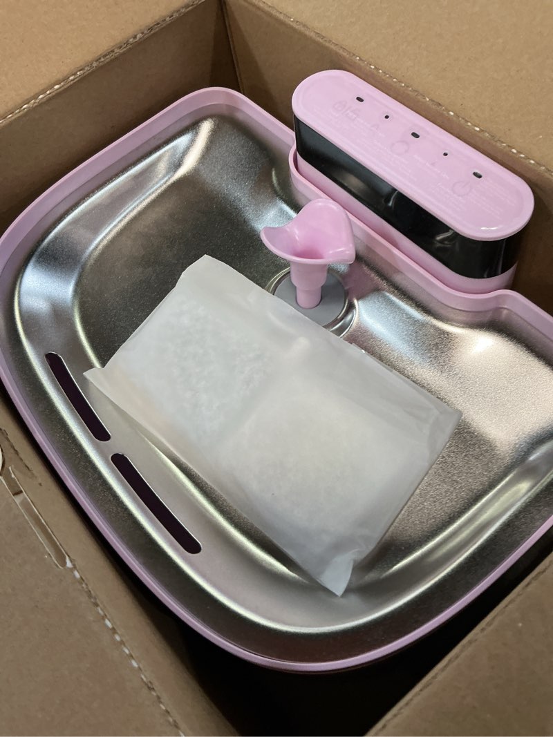 Condition photo showing New/Like New for cat water fountain, battery operated wireless cat fountain, 122oz/3.6l pumpless water fountains for cats indoor with stainless steel tray, dog and pet water fountain (pink, fountain+8 fliters) pink fountain+8 fliters