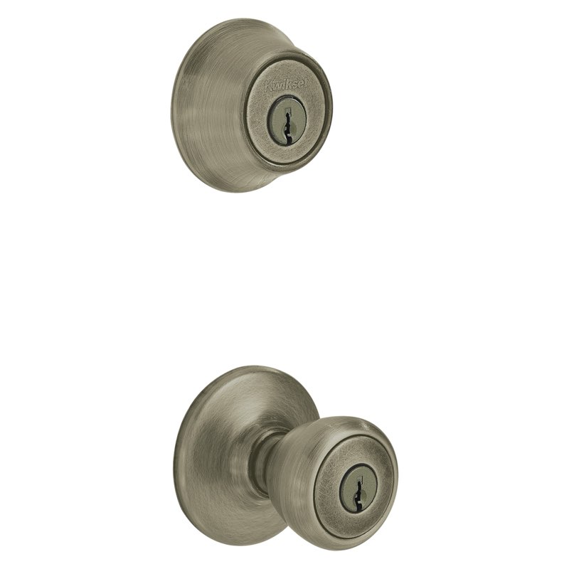 Kwikset Tylo Antique Brass Exterior Single-Cylinder Deadbolt and Combined Door Knob Combo 