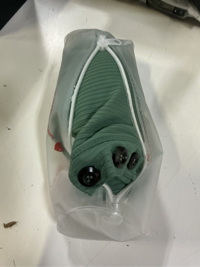 Condition photo showing New/Like New for summer mae maternity swimsuit one piece bathing suit button neck cross back | high-stretch ribbed fabric, nursing-friendly, adjustable straps, belly ruching, removable pads, babymoon, pool and beach days small sage green