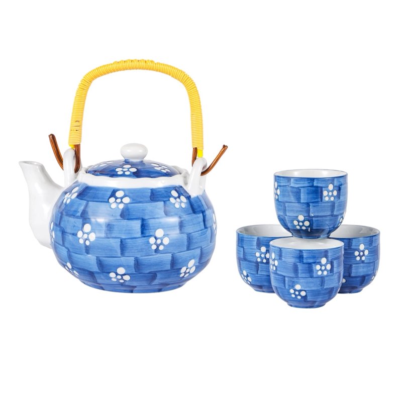Urban Tokyo Japanese Blue Hanten Plum Blossom Design Ceramic 22 fl oz Tea Pot and 4 Cups Tea Set Asi