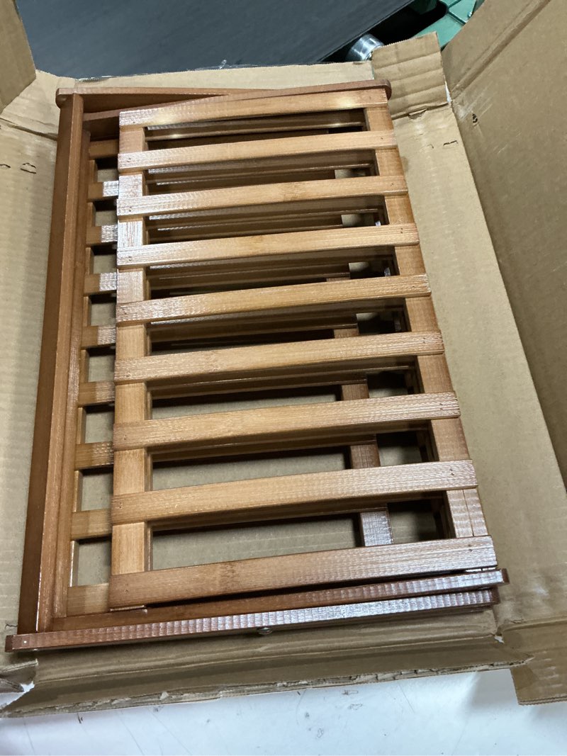 Condition photo showing Good Condition for Jessie Bamboo Shoe Rack,Free Standing Shoe Rack for Closet,Portable Folding Shoe Storage Rack, Space Saving,Shoe Shelf for Bedroom Entryway Hallway Closet Living Room (Brown-3 Tier)