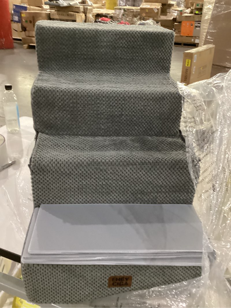 Condition photo showing As Is for EHEYCIGA Dog Stairs for Bed 18" H, 4-Step Dog Steps for High Bed, Pet Steps for Small Dogs and Cats, Non-Slip Balanced Pet Ramp Indoor, Grey