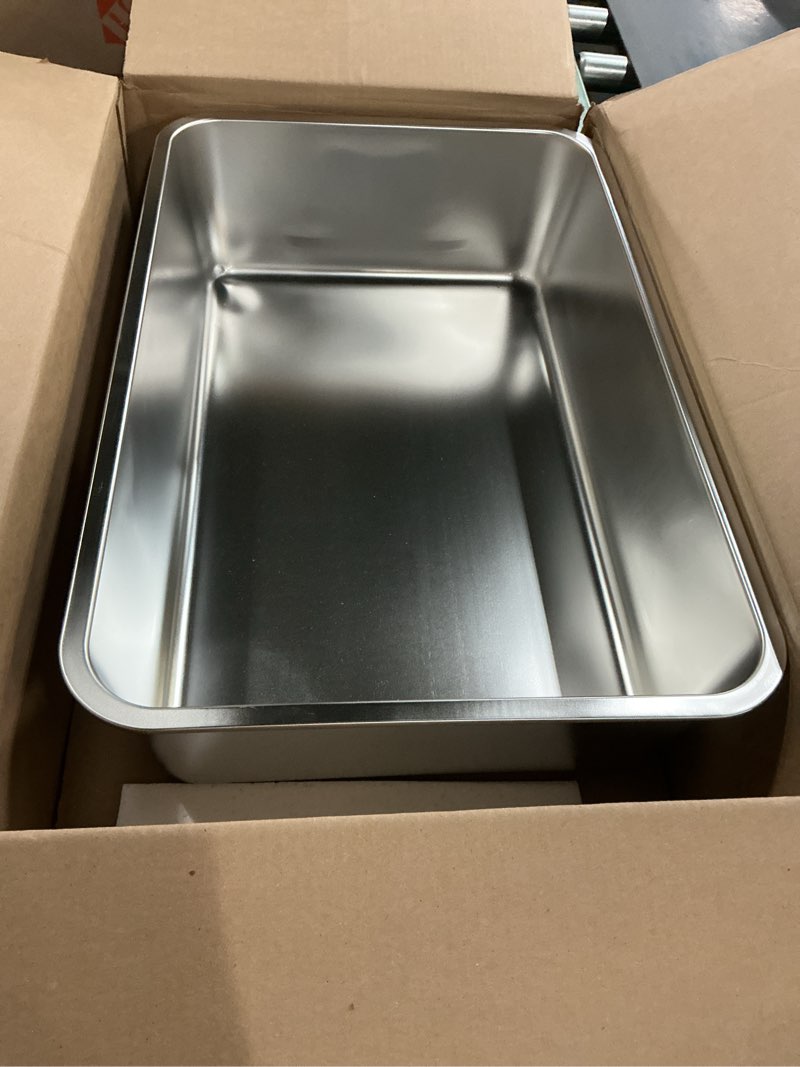Condition photo showing As Is for kirecoo stainless steel cat litter box xl- metal high sided cat pan, large stainless steel box, indoor litter tray, non stick, no smell, easy to clean, pet toilet supplies for kitten, kitty, rabbit 23.43" l x 15.55" w x 5.7" h