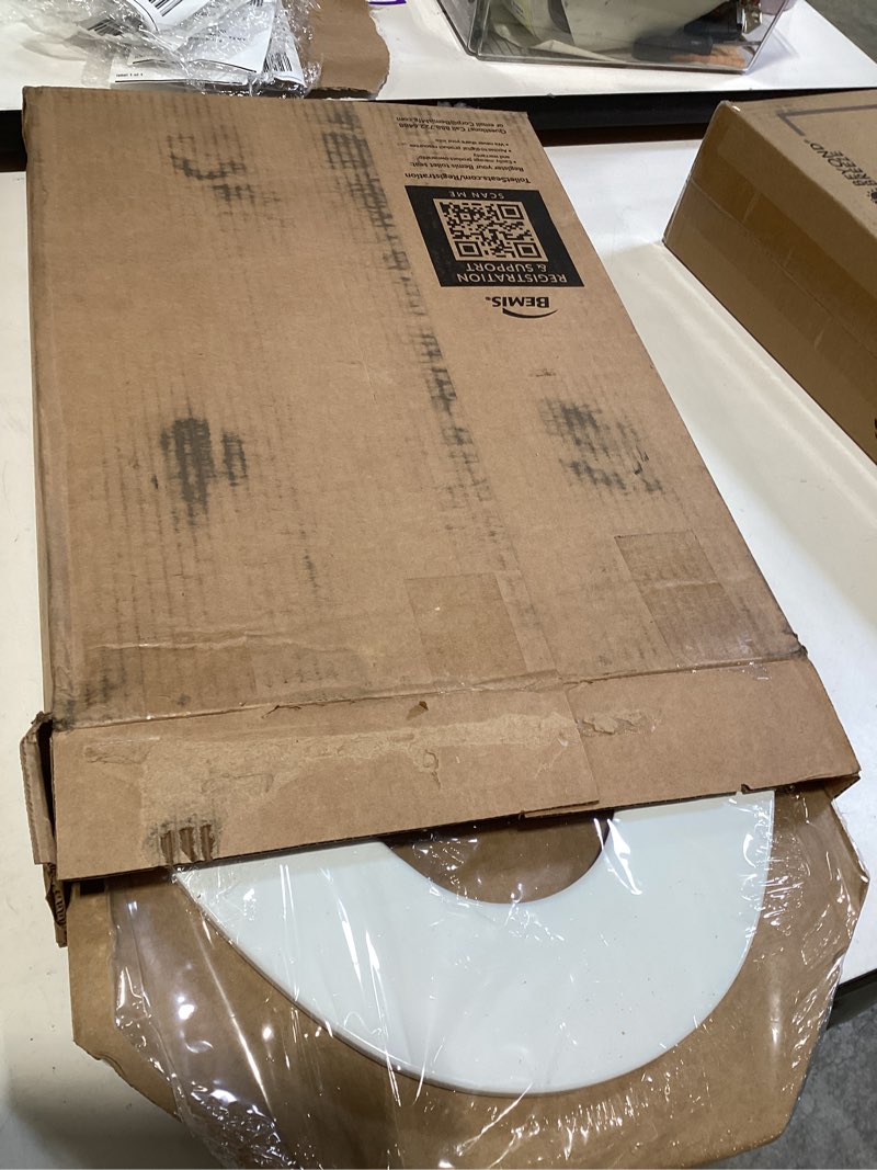 Condition photo showing New/Like New for church toilet seat, easy clean hinges release for deep cleans, durable enameled wood seat, elongated, white
