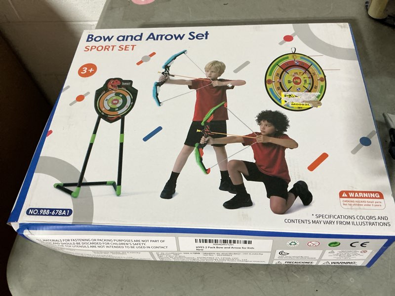 Condition photo showing New/Like New for hyes 2 pack kids bow and arrow with 29" large dart board, led light up archery set with 24 suction cup arrows, indoor outdoor sport toys gifts for 3 4 5 6 7 8 9 10 11 12 year old boys girls dart board-blue+green