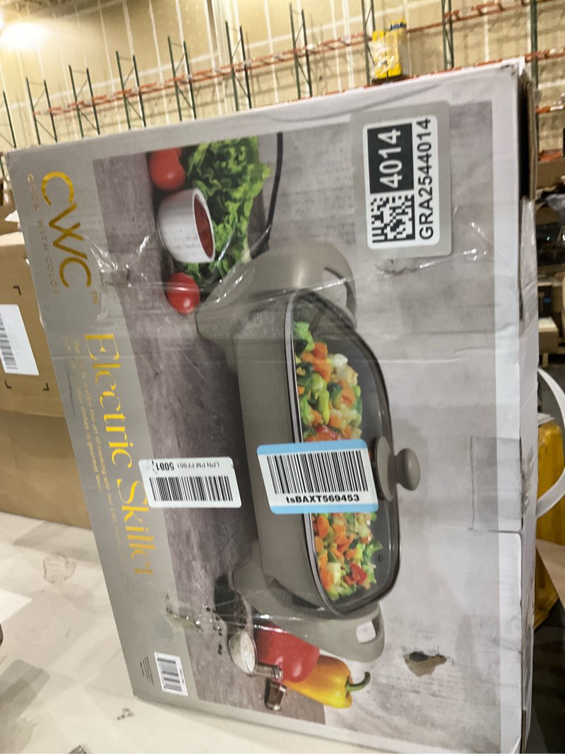 Condition photo showing New/Like New for COOK WITH COLOR Electric Skillet - 12" x 12" Ceramic Nonstick Pan, PFAS-Free, 1400W, Tempered Glass Lid, Variable Temperature, Removable Heating Probe, Cool-Touch Handles, Sand Greige