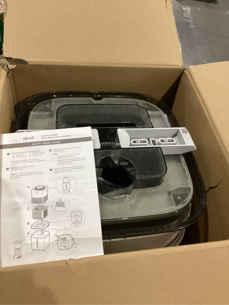 Condition photo showing As Is for LEVOIT Superior 6000S Smart Evaporative Humidifiers for Home Whole House up to 3000ft², 6 Gal, Last 72-Hour, Premium Filter, Dry Mode, Wheels & Water Fill Hose & Foldable Storage - Quiet Sleep Mode Evaporative Humidifier 23L