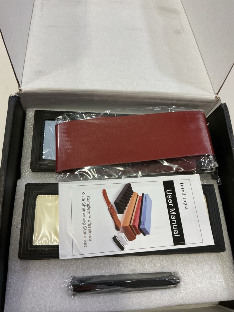 Condition photo showing New/Like New for Intelitopia Complete Knife Sharpening Stone Set – Dual Grit Whetstone 400/1000 3000/8000 Knife Sharpener with Leather Strop, Flattening Stone, Bamboo Base, 3 Non-slip Rubber Bases & Angle Guide