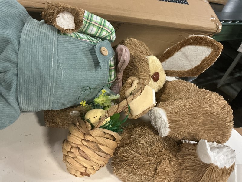 Condition photo showing As Is for dr.dudu 4ft outdoor easter decorations for porch & home, extra large easter bunny-sisal rabbit, standing tall bunny statue with eggs for outside, spring decor (boy)