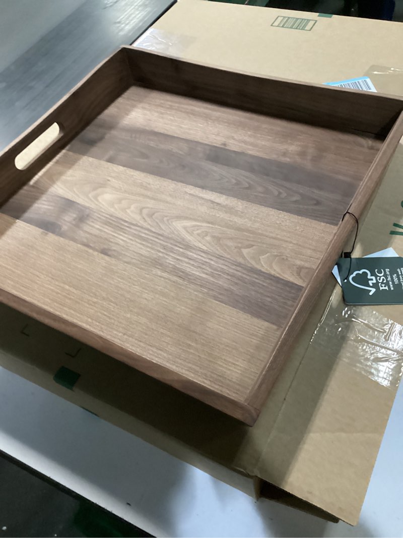 Condition photo showing Good Condition for 19 x 19 Inches Large Square Curved Black Walnut Wood Ottoman Tray with Handles, Serve Tea, Coffee Classic Wooden Decorative Serving Tray 19" x 19" x 2"