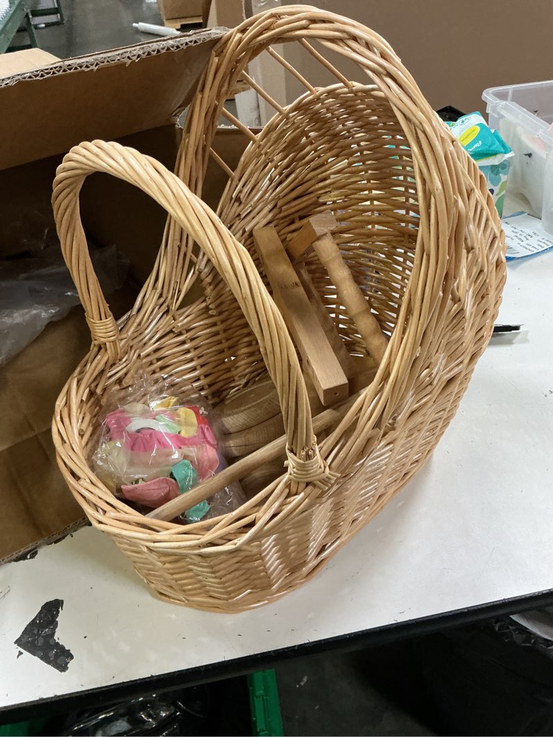 Condition photo showing Good Condition for vintage wicker baby carriage centerpiece with sage green bow & balloon set | premium handwoven wicker?diy wooden sign included?sage green bow & balloons?perfect for baby showers xl