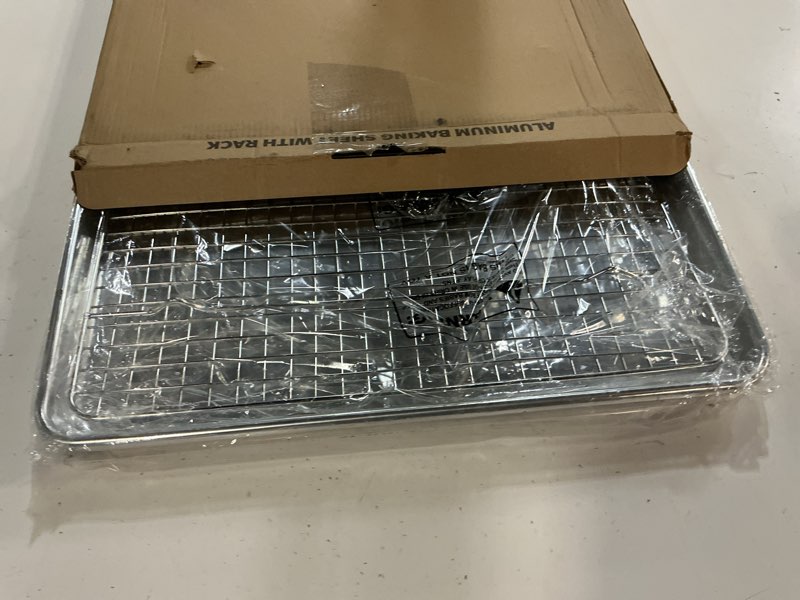 Condition photo showing Good Condition for 24 inch baking sheet pans with rack set, natural aluminum cookie sheet, extra large commercial quality baking sheet pan set, warp resistant nonstick thick cookie tray pans for baking, roasting