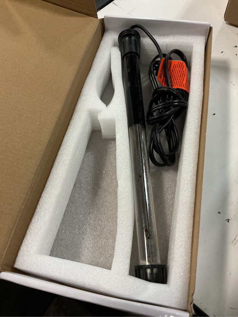 Condition photo showing As Is for hitauing aquarium heater, 500w fish tank heater with led digital display & 5 safety protection, submersible aquarium heater with 2 suction cup and 8.2ft cord for 75-120 gallon fish tank. 500 watt aquarium heater