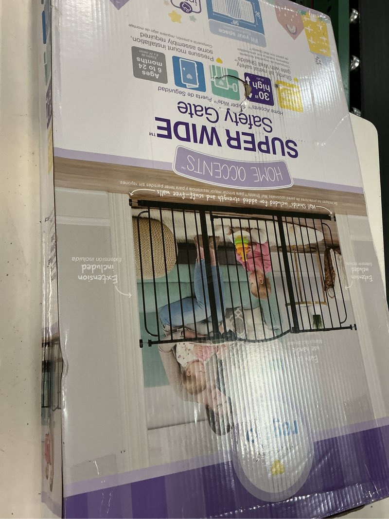 Condition photo showing New/Like New for regalo safety 30.5-58" extra wide arch baby gate with door, pressure mount walk through gate for doorways & bottom of stairs, babies, toddlers & pets, tested & safe, american designed, american owned black - 30.5-58"w x 30"h
