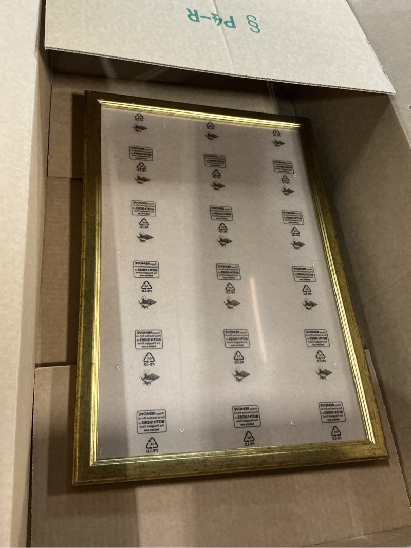 Condition photo showing As Is for Wood 12x18 Frame Gold, Ornate Natural 18x12in Poster Picture Frame, Modern Golden 12 x 18inch Gallery Wall Photo Frame with HD Plexiglass, Horizontal Vertical Wall Mounting Display 1pcs Gold 12x18