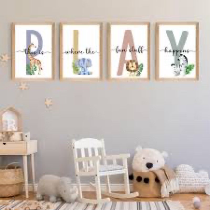 Set of 4 Framed Kids Playroom Safari Animals Wall Art Prints Decor,12x16” Toddler Kids Playroom Canv