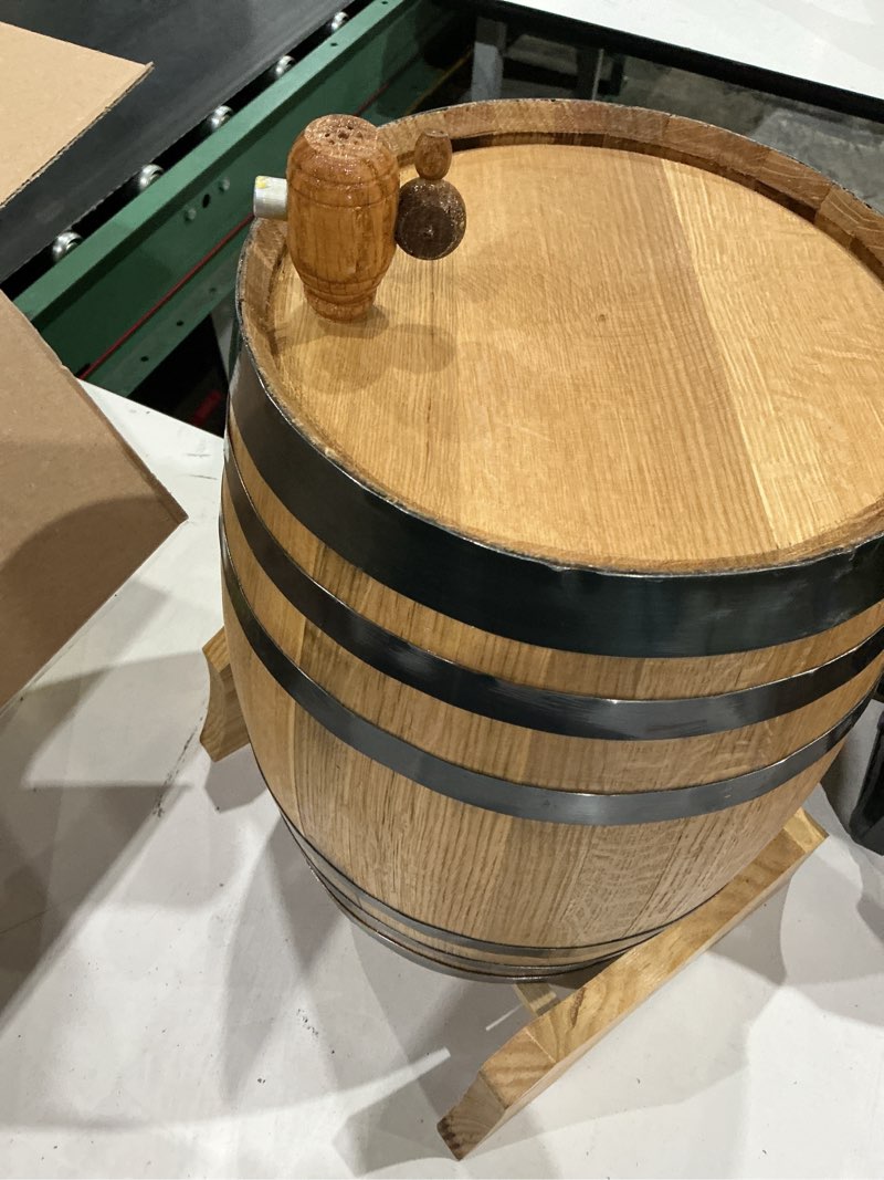 Condition photo showing As Is for gallon oak aging barrel, 5 liter wooden whiskey barrel with stand | charred american oak home liquor aging kit with bung & spigot, whiskey gift for bourbon, cocktails, rum, tequila & wine