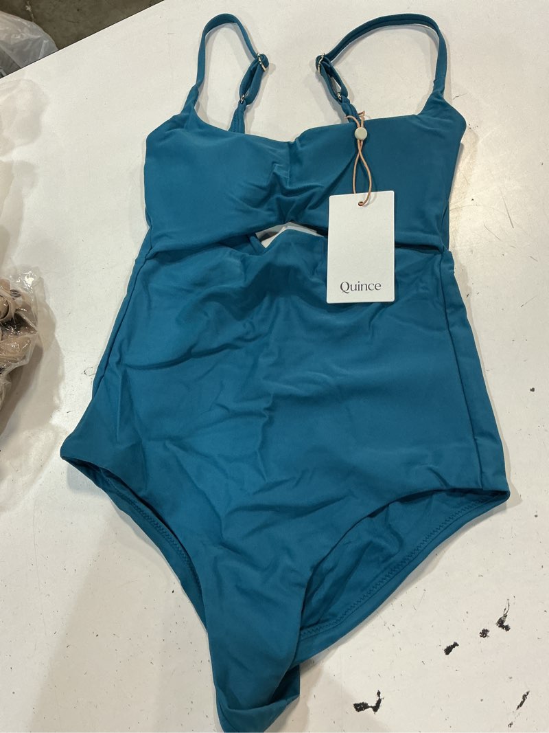 Condition photo showing New/Like New for italian cut out one-piece swimsuit, xs, lagoon teal blue