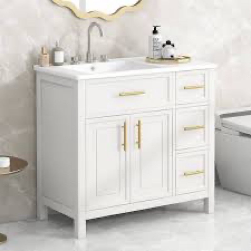 Linsay 36" Classic Single Bathroom Vanity with Ceramic Sink Top, Zinc Alloy Faucet, Painted Wood, Soft-Close Doors Base Finish: White