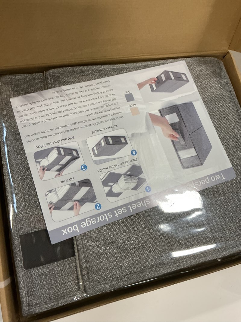 Condition photo showing Good Condition for 4Pack Sheet Organizers for Linen Closet - King/Queen Size Bedding Storage Boxes with Clear Window, Foldable & Dustproof Linen Organizer for Blankets & Sheet Sets,Grey Grey 4 Pack