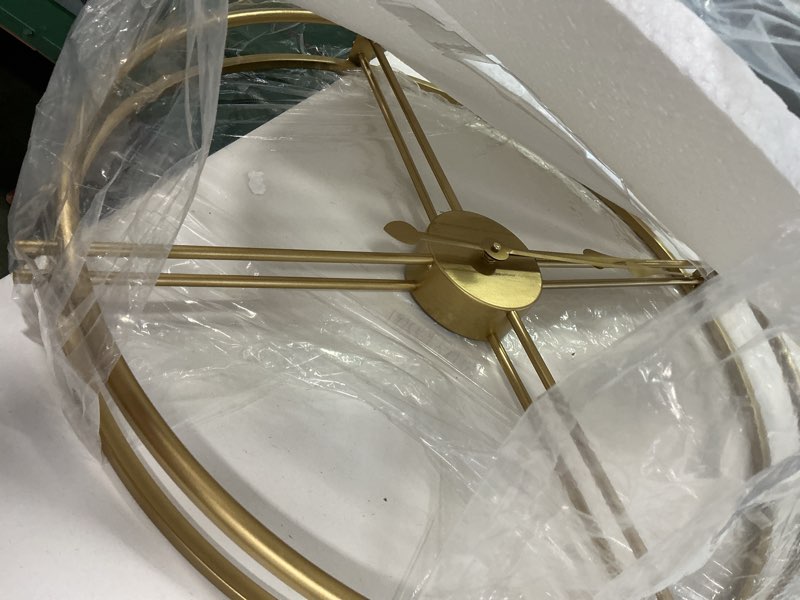 Condition photo showing As Is for gold brass wall clock 24 inch wall clocks for living room decor mordern decorative clock minimalism non ticking battery operated metal clock for living room kitchen and office 24" gold